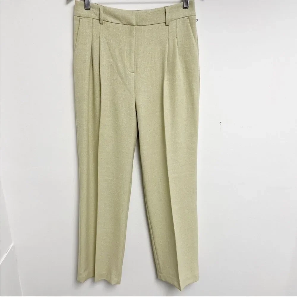 House of Harlow 1969 Textured Pleated Straight Leg Trouser Pants Sz 8 Sage Green